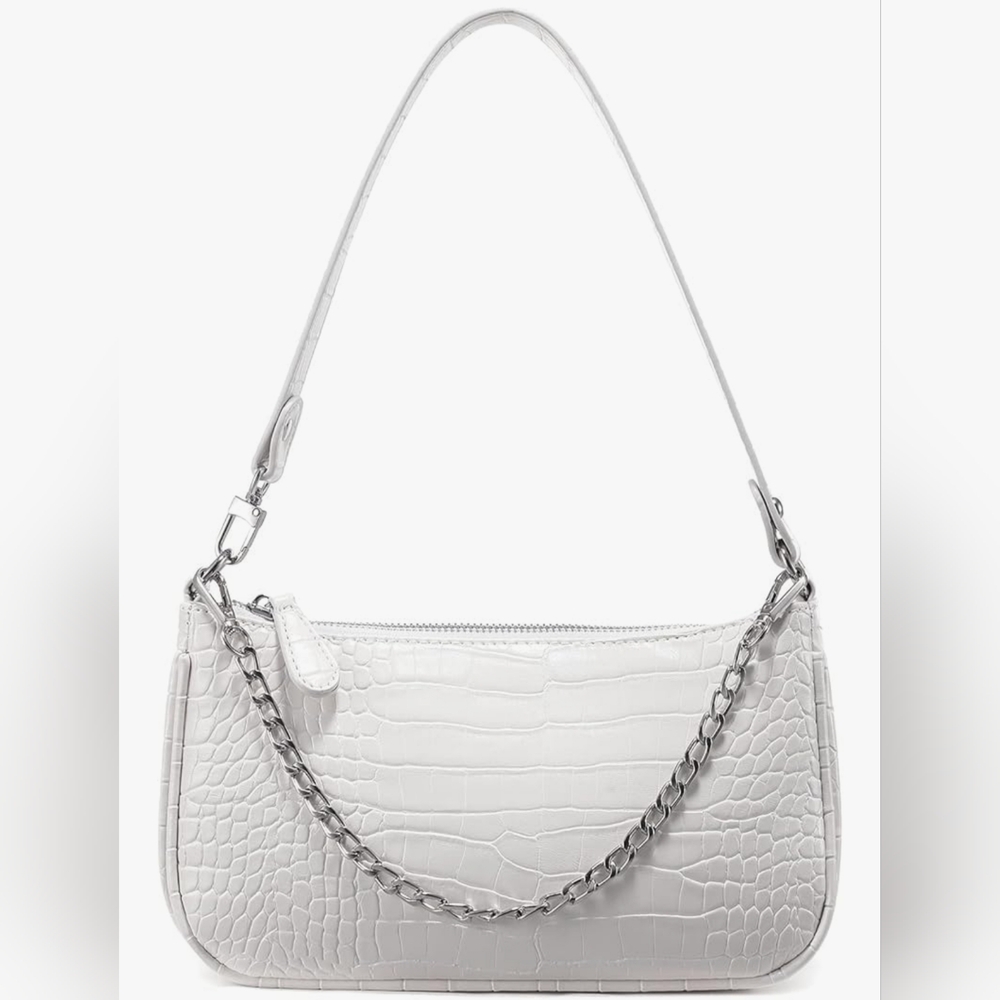 Elegant White Croc-Embossed‎ Shoulder Bag